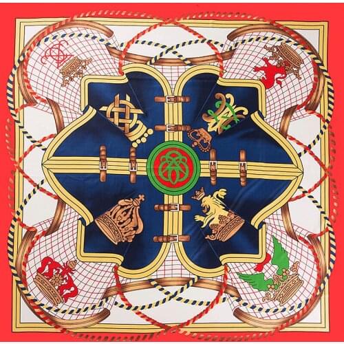 POBING 100% Twill Silk Scarf Women Crown Print Square Scarves Large Bandana Luxury Kerchief Hijab Scarf Female Head Foulards