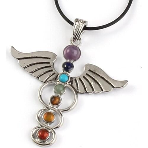 KFT Silver Plated 7 Stones Beads Angel Wing Magic Healing Wand Chakra Reiki Stone Pendant Fashion Women Men Jewelry