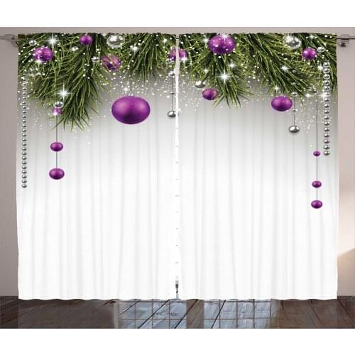 Christmas Curtains Lilac Ornaments of Noel Fir Branch Satin Fabric Drapes for Living Room Bedroom 2 Panel Window Set