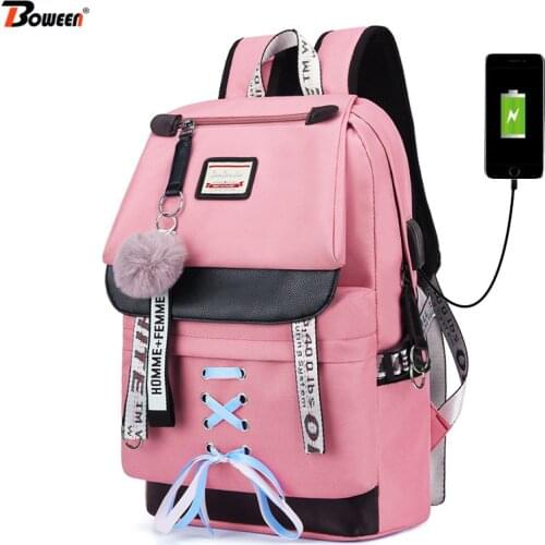 Pink USB Backpacks Women School Backpack for Teenage Girls School Bag Large Canvas Middle High College Student Bagpack 2019 New