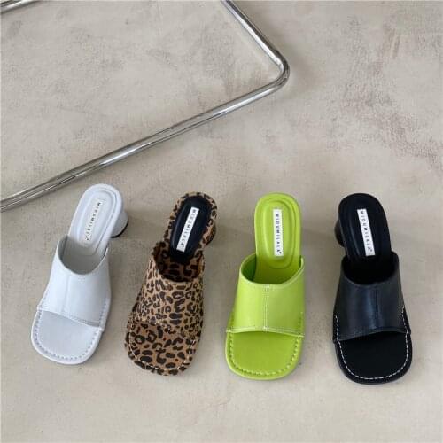 2021 Women Slippers Fashion Open Square Toe Ladies Heel Slides Casual Block High Heel Sandals Slippers Pumps Shoes
