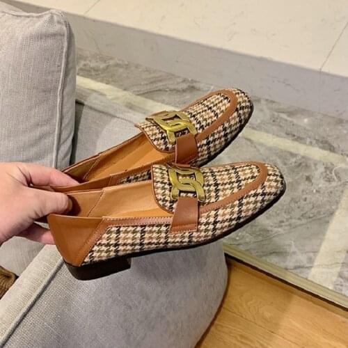 Sianie Tianie Chic Houndstooth Plaid Checker Genuine Leather Luxury Brand Lady Casual Flats Shoes Working Women Loafers Mules