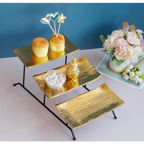 Layer Fruit Plate Cheese Displays Collapsible Rack with 3 Porcelain Serving Platters Tea Snack Tray