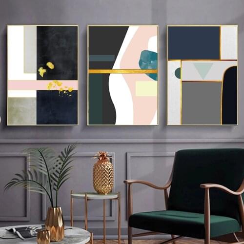 Modern Nordic Gold Line Abstrac Oil Painting on Canvas Wall Art Posters Prints Wall Pictures for Living Room Home Cuadros Decor