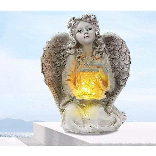 LED Illuminate Resin Guardian Angel Statue Absorbs Solar Energy Antique White Finish Garden Sculpture Home Decor