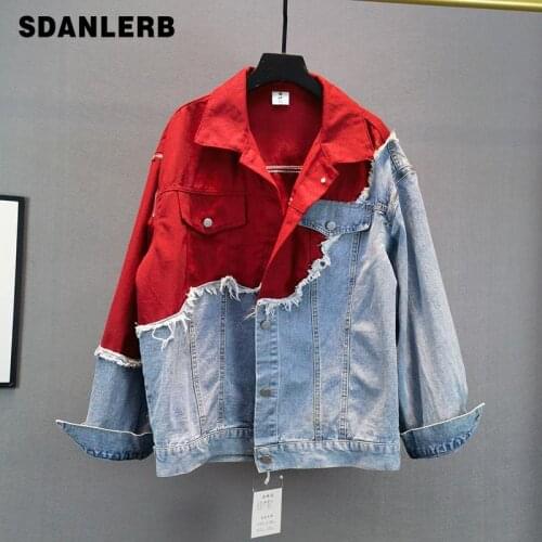 Loose Denim Jacket Womens Coats 2021 Spring and Autumn New Red Blue Color Matching Slimming Long Sleeve Patchwork Vaqueros Top