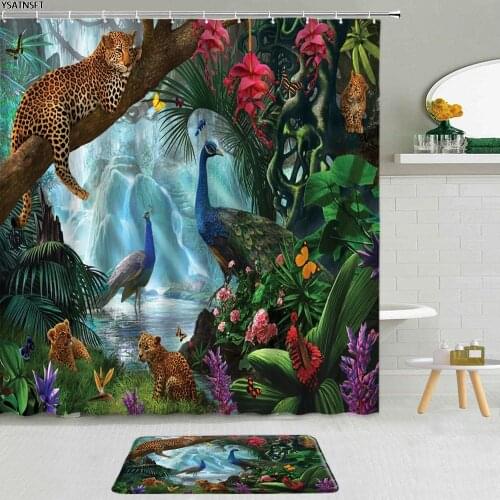 2Pcs Tropical Plant Flower Shower Curtain Forest Animal Leopard Peacocks Landscape Bathroom Decor Non-Slip Bath Mat Curtains Set