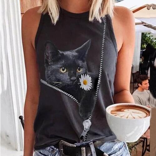 Women T-Shirt Kawaii Animal Cat Printed O-Neck Sleeveless Vest T Shirt Ladies Summer Harajuku Plus Size Casual Loose Basic Tops