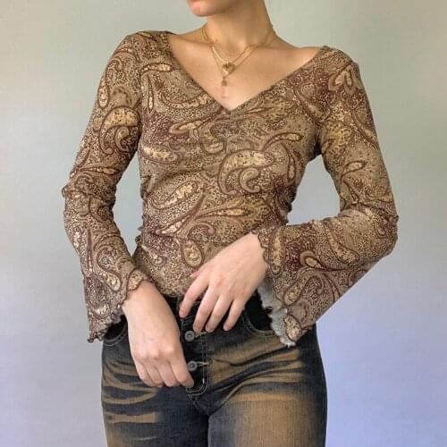 Autumn Women Sexy Vintage T-shirt Adults Cashew Nut Print Flare Sleeve V-neck Pullover Ladies Crop Tops Streetwear