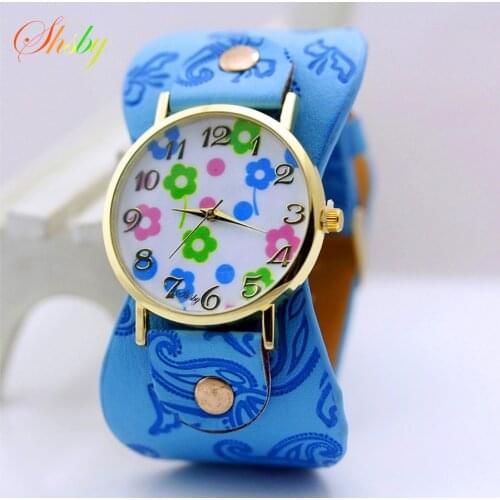 Shsby Printed leather Bracelet Wristwatch Wide band women dress Watch colorful flowers Fashion Women Casual Watch girls gift