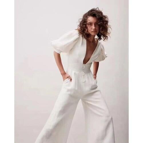 Sexyboutique New Fashion Original High-quality two-color White sexy V-neck halter bow puff sleeve High waist wide leg jumpsuit
