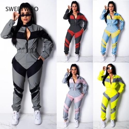 2021 Spring and Autumn Two-Piece Womens Solid Color Two-Color Stitching Long-Sleeved Windbreaker Suit Trousers Without Pockets