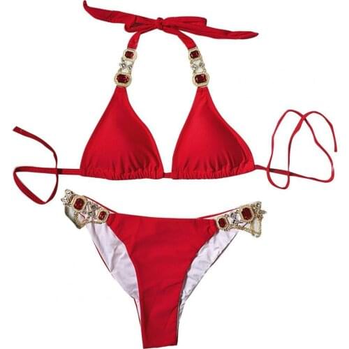 Women Swimming Costume Faux Crystal Rhinestone Adjustable Polyester Push-Up Bikini Set for Swimming Pool
