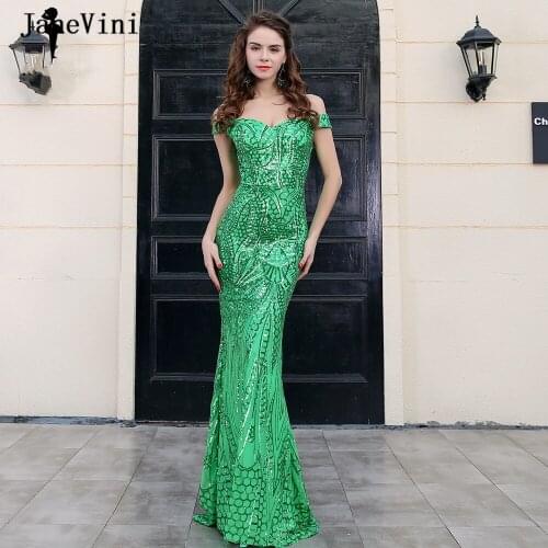 JaneVini Sparkle Sequined Mermaid Long Evening Dresses for Women 2020 Off Shoulder Elegant Green Dress Floor-Length Formal Gowns