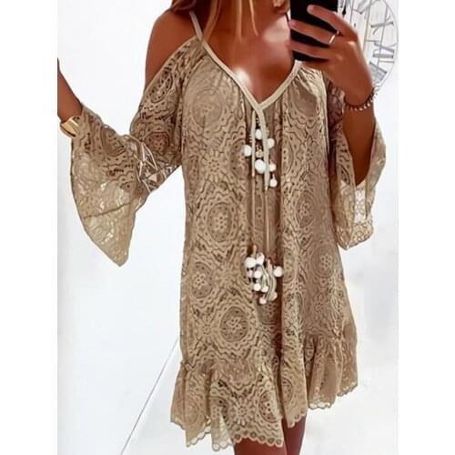 ZANZEA Women Lace Crochet Beach Mini Dress Summer Deep V Neck Bikini Cover Up Sexy Hollow Out Beachwear Flare Sleeve Vestido