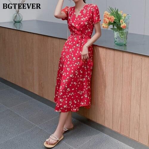 BGTEEVER Elegant Short Sleeve Floral Print Women Dress 2020 Summer V-neck Lace-up Mid-length Female A-line Dress Vestidos Femme