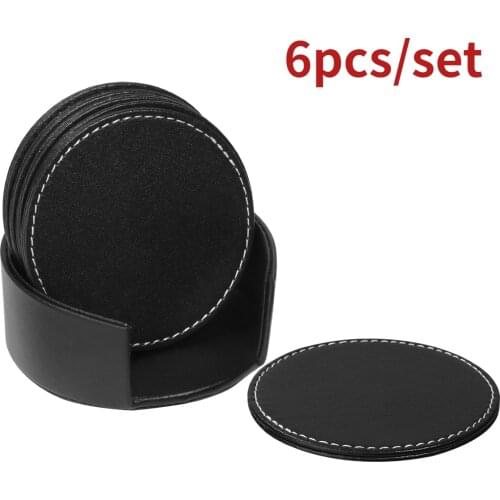 6PCS Round and Square Leather Cup Holder Pad Practical Black Table Mat Barware Placemat Coasters for Beer Drink Coaster