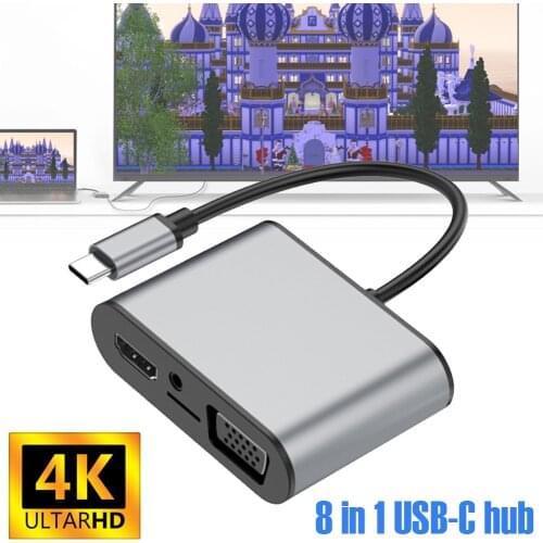 8-in-1 Type-C Hub Type-C to HDMI-compatible Adapter 4K SD/TF Card Reader with VGA/AUX Ports USB-C Dongle