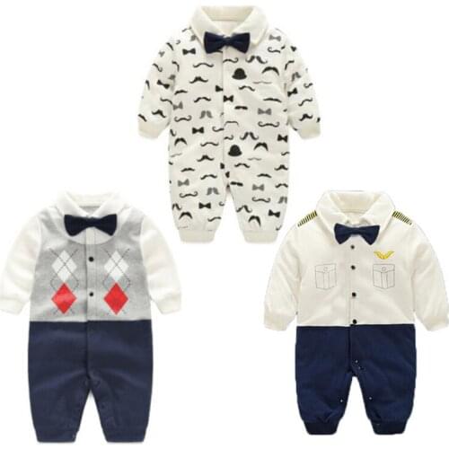 Free Shipping Newborn Boys Little Gentleman Clothes Long Sleeve One Piece Romper Autumn Costume Bowtie Little Captain Outfits
