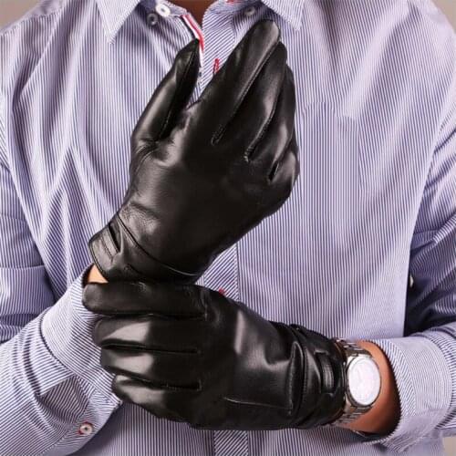 Autumn Winter Leather Gloves Men Black Imported Sheepskin Velvet Lining Warm Mitten Fashion Male Hand Slim Driving Gloves AGD003