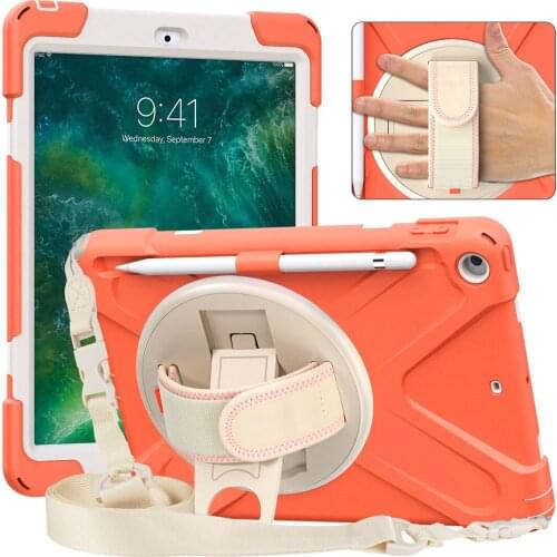 Tablet Case For iPad 9.7 2017 2018 360 Rotatable Kickstand with Hand&Neck Strap Shockproof protection Caver+Film+Pen
