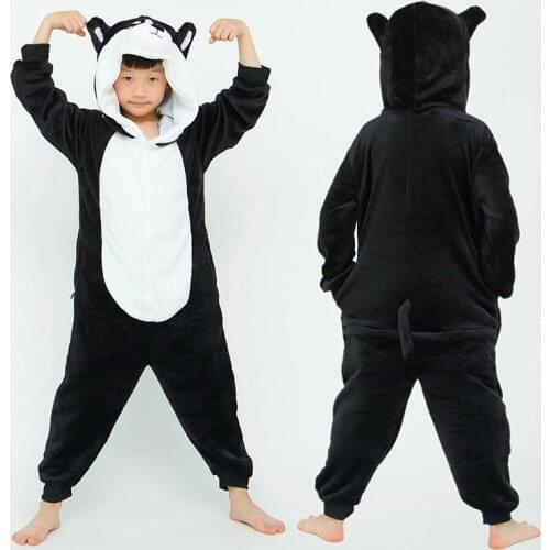 Boys Girls Black Husky Flannel Pajamas Children Sleepwear Animal Pyjamas 4 6 8 10 12 Years Animal Cartoon Kids Stitch Onesie