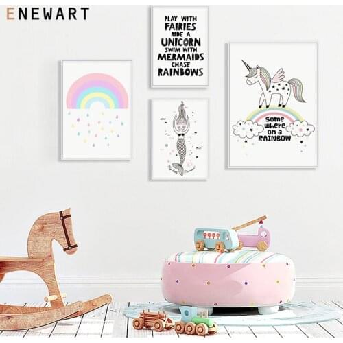 Nursery Wall Art Cute Rainbow Unicorn Mermaid Baby Canvas Posters Prints Cartoon Painting Nordic Picture Baby Room Decor