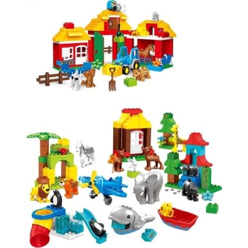 Gorock Zoo Farm Animal Big Building Block Brick Set Farmer Figure Diy Compatible with Legoing Duplo Toys For Kids Brinquedos