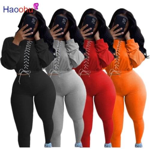 HAOOHU Ribbed Casual lace-up Top And Leggings Sweatsuit Women Set Fall Fashion Sporty Loungewear Two Piece Outftis