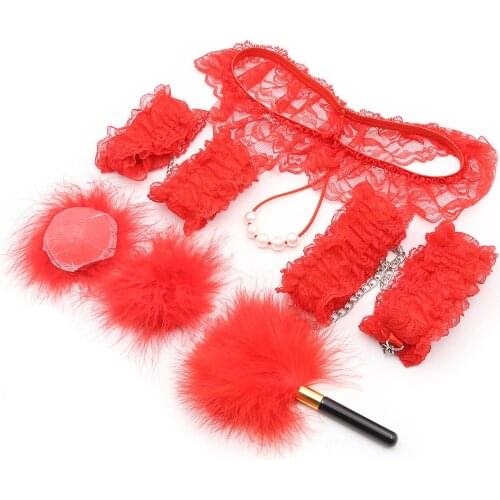 5pcs Lace Bead T-pants Handcuffs Sexy Flirting Supplies Feather Chest Stickers Set For Couples Nipple Clamps Whip Spanking Set