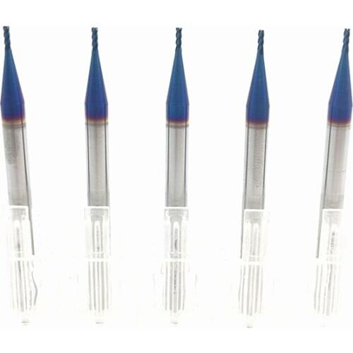 5PCS 1mm End Mill 50mm Long HRC65 4 Flute D1x3x4x50L Fattened End Mills Straight Slim Shank nACo-Blue Coated Milling Cutter