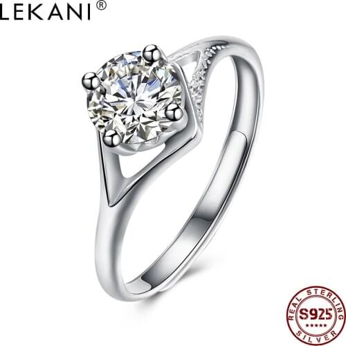 LEKANI S925 Silver Rings For Women Round 5A Cubic Zircon Romantic Adjustable Female Ring Engagement Jewelry Gift Recommend