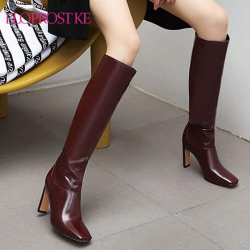 Lloprost ke Size 34-48 Women Knee Boots Thick High Heel Square Toe Slip On Shoes Winter Warm Boots Women Fashion Party Footwear