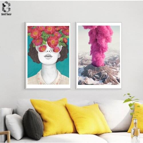 PINK ERUPTION Canvas Posters and Prints Wall art Flower Glasses Lady Painting Wall Picture for Living Room Girls Home Decor