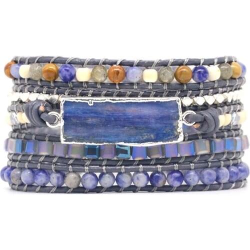 Natural Stone Leather Bracelet Exquisite Mix Stones Women Fashion 5 Layers Wrap Bracelet Boho Chic Bracelet Jewelry Dropshipping