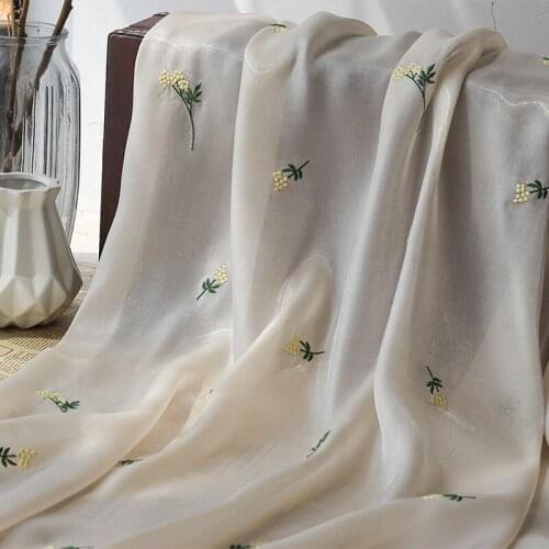 New Bright Silk Satin Embroidered Fabric Dandelion Embroidery For Womens Spring And Summer Dress Shirt,By The Meter