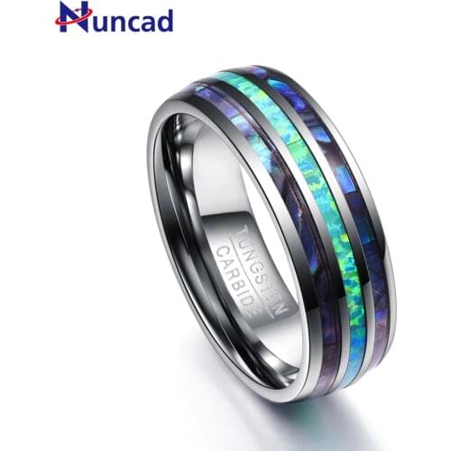 Nuncad 8MM Wide Polished Abalone Shell Tungsten Carbide Rings Dome Triple Grooved Opal Tungsten Steel Ring Never Fade T082R