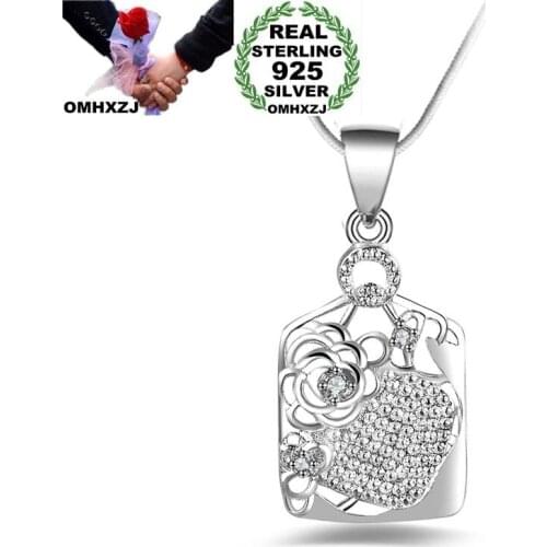 OMHXZJ Wholesale Personality Fashion Woman Girl Party Gift Silver Square AAA Zircon 925 Sterling Silver Pendant Necklace NC117