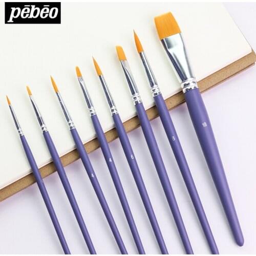 Pebeo Purple Rod Nylon/Bristles Hair Brush 3/6/8pcs Flat/Round/Sector Head Different Shapes Watercolor/Gouache/Acrylic Painting