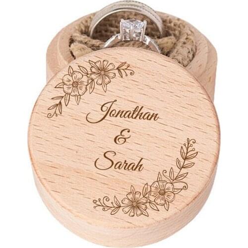 Personalized Ring Box with Flower Wedding Engagement Proposal Ring Holder Bearer Wreath Box Wooden Name Round Custom Boxes