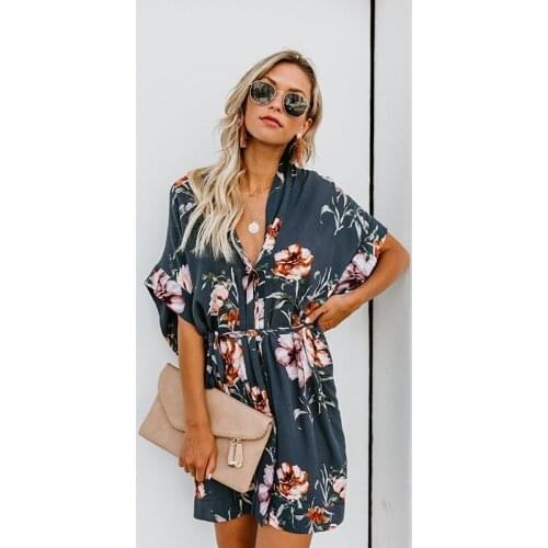 2019 summer Floral Printing Short Sleeve Dresses Turndown Collar V Neck Bandage Loose Dress Vestido Curto Ey