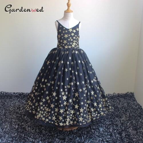 Starry Polka Star Flower Girl Dresses Floor Length Girl Pageant Dress Backless Lace Up Kids Prom Dresses Evening Dresses