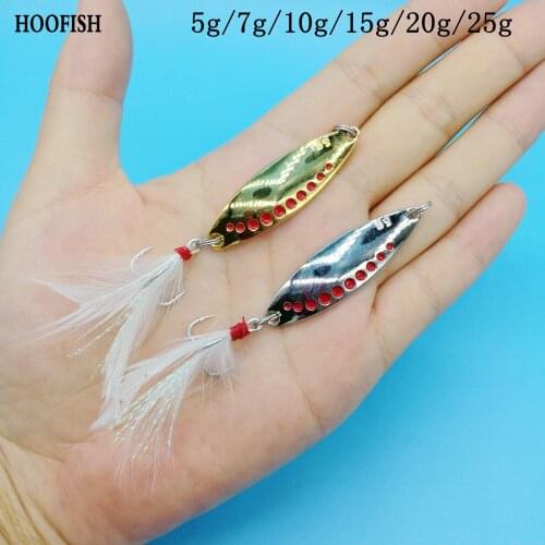 HOOFISH 5PCS/lot Leech Spinners Spoon lure 5g/7g/10g/15g/20g/25g Metal Spinner Spoon Fishing Lure with Feather Treble Hook