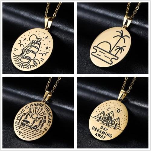 Skyrim Mountain Coconut Tree Sailboat Round Pendant Necklace Women Scenery Landscape Stainless Steel Golden Chain Necklaces Gift
