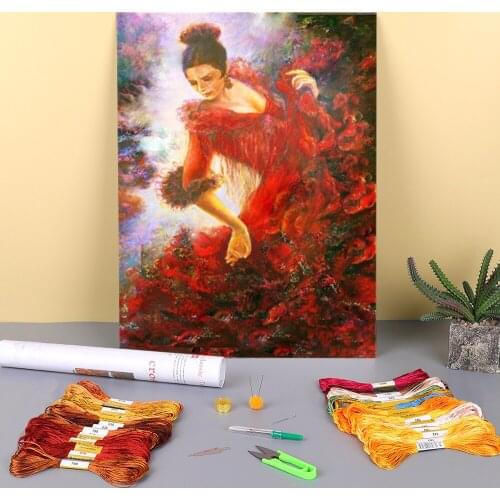Woman Dance Printed Fabric 11CT Cross-Stitch DIY Embroidery Full Kit DMC Threads Painting Craft Hobby Handiwork Mulina Floss
