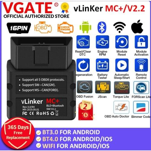 Vgate vLinker MC+ ELM327 Bluetooth-compatible 4.0 OBD 2 OBD2 Scanner WIFI for BimmerCode FORScan For Android/IOS PK OBDLINK