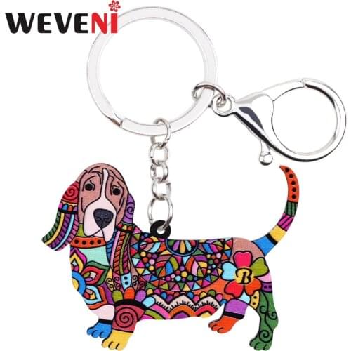 WEVENI Acrylic Printing Basset Hound Dog Key Chain Key Ring Bag Charm Man Car Keychain Accessories New Fashion Jewelry For Women