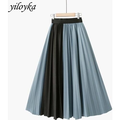 Elastic high waist patchwork skirts womens contrast color stitching skirt mid-length A-line pleated skirt big swing party skirts