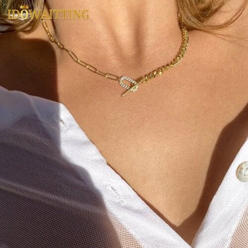 High Quality European Women Fashion Jewelry Clear CZ Paper Clip Charm Half Open Link Chain Cuban Chain Simple Toggle Necklace