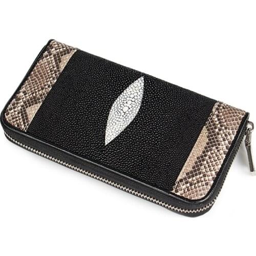 Fancy Genuine Stingray Leather Zipper Closure Ladies Long Chic Wallet Exotic Snakeskin Women Card Holders Female Clutch Purse